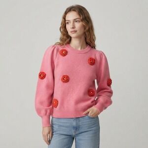 Voy Pink 3D Crochet Floral Pearl Puff Sleeve Crewneck Sweater Romantic Small
